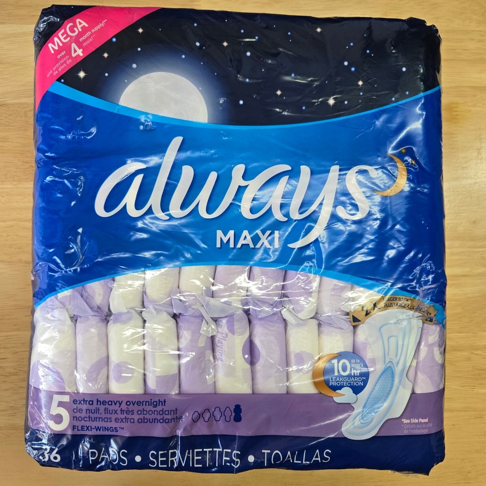 Always Maxi Pads Size 5 Blue‎ Extra Heavy Overnight Flexi-Wings 36 Count